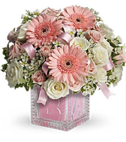 Baby Girl First Block. An arrangement by Avenue Flowers and Gifts.