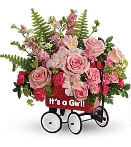 Baby Girl Firts Wagon. An arrangement by Avenue Flowers and Gifts.