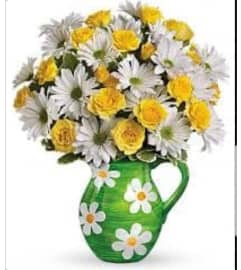 yellow rose and happy Daisy pitcher. An arrangement by Avenue Flowers and Gifts.