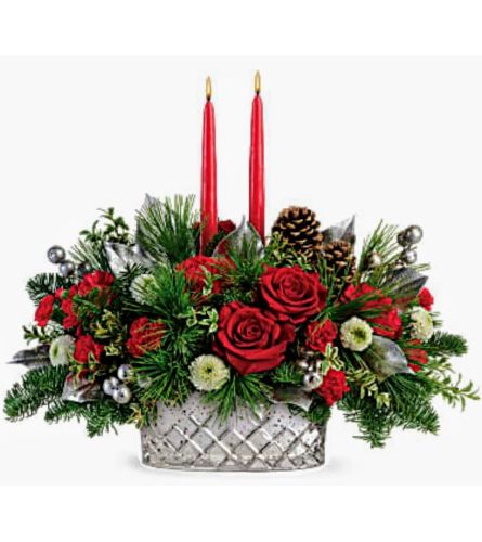 Silver and Red Stunning Centerpiece. An arrangement by Avenue Flowers and Gifts.