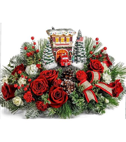 Festive Fire House By Thomas Kinkade. An arrangement by Avenue Flowers and Gifts.