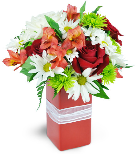 Strawberry Fields. An arrangement by Avenue Flowers and Gifts. Featuring red and white roses, fresh alstroemeria, assorted daisies, and...