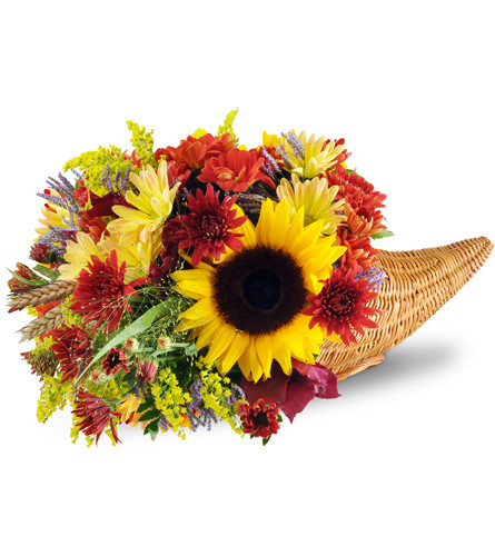 Autumn Plenty Cornucopia™. An arrangement by Avenue Flowers and Gifts. Sunflowers, daisies, mums, and more are arranged in a wicker cornucopia...