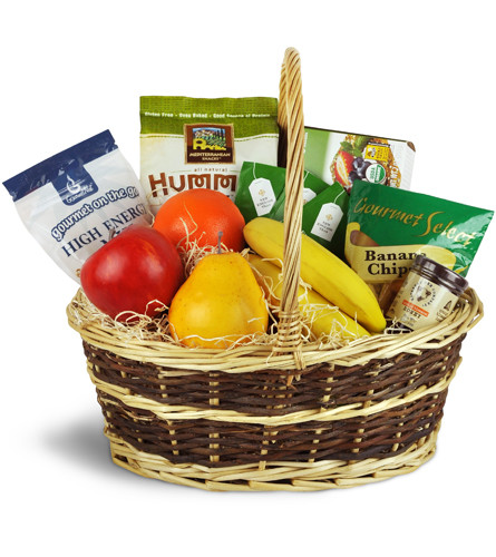 Health Nut Basket™. An arrangement by Avenue Flowers and Gifts. Assorted fruits are packaged with healthy snack foods such as dried fruit, nuts,...