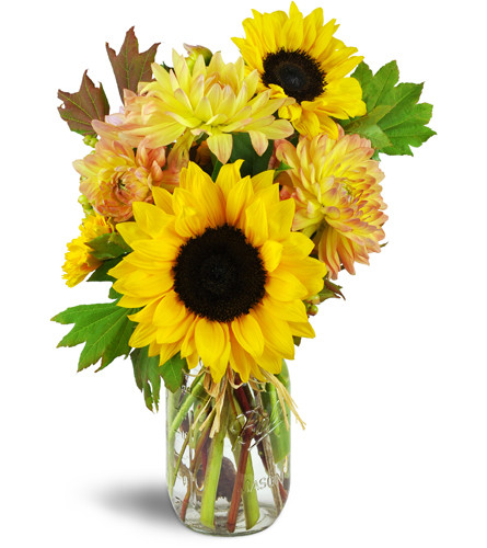 Simple Gifts Bouquet™. An arrangement by Avenue Flowers and Gifts. Bountiful sunflowers, dahlia, and vine maple greens are gracefully arranged in...