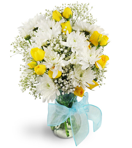 Baby, It's You!. An arrangement by Avenue Flowers and Gifts. Yellow spray roses, white chrysanthemums, and baby's breath are arranged in a glass...