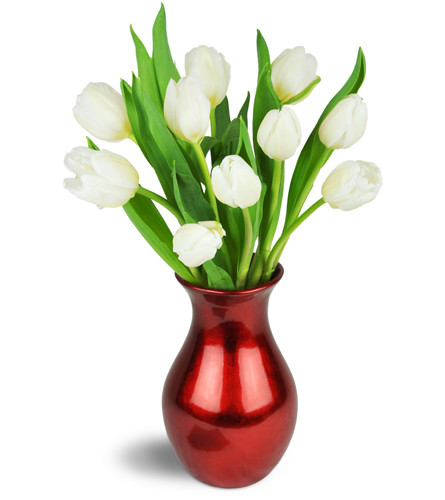 Romance Tulips™. An arrangement by Avenue Flowers and Gifts. Featuring ten pure white tulips arranged in a metallic red vase..