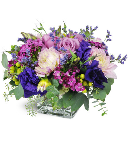My Heart's Desire™. An arrangement by Avenue Flowers and Gifts. Roses, lisianthus, dahlias, sweet william, caspia, and more, all in shades of...