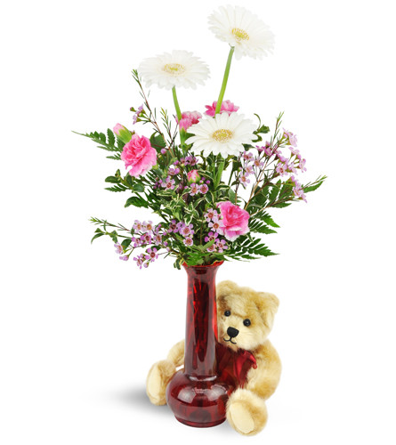 Darling Daisies™ with Plush Bear. An arrangement by Avenue Flowers and Gifts. Mini Gerbera daisies, mini carnations, and waxflowers are arranged...