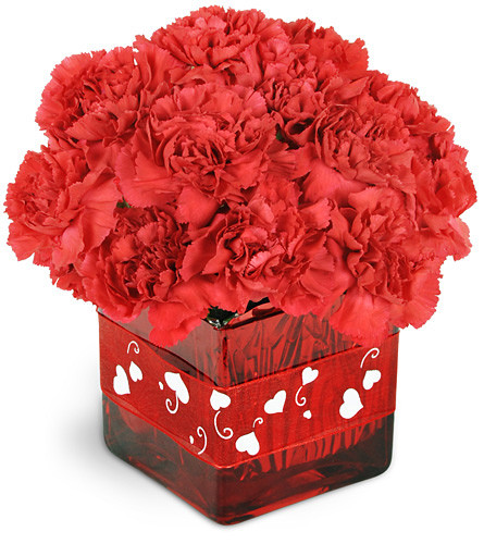 For My Valentine. An arrangement by Avenue Flowers and Gifts. Blooming with red carnations, this modern arrangement is topped with a heart-themed...