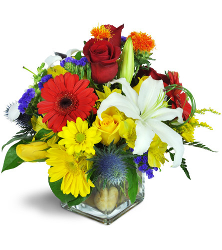 We're Walking on Sunshine. An arrangement by Avenue Flowers and Gifts. Roses, Gerbera daisies, lilies, alstroemeria, and more are arranged in a...