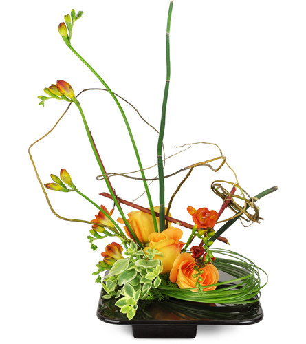Tranquil Mountain Roses™. An arrangement by Avenue Flowers and Gifts. Orange roses and freesias are artfully arranged with snake grass and curly...