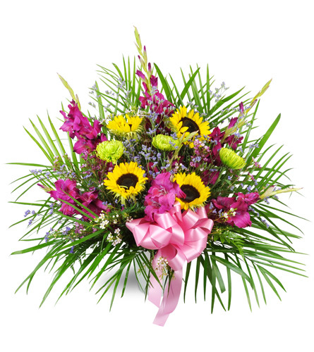 Sunflower Tribute™. An arrangement by Avenue Flowers and Gifts. Sunflowers, purple gladiolus, fuji mums, and more are arranged for display at the...