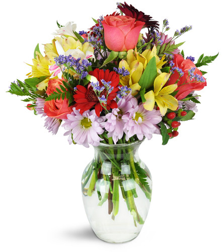 Brilliant Surprise™. An arrangement by Avenue Flowers and Gifts. A variety of multicolored roses, gerbera daisies, alstroemeria, and more are...