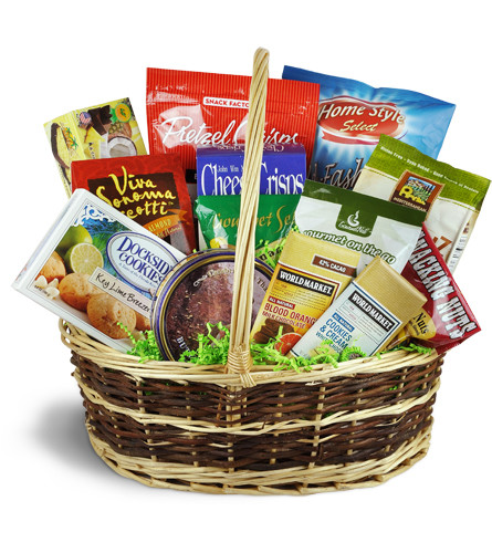 Deluxe Sweet and Savory Snacks Basket™. An arrangement by Avenue Flowers and Gifts. A wide range of gourmet snacks such as chocolate, cookies,...