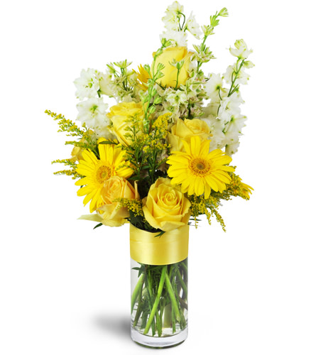 Celebrate Your Day!™. An arrangement by Avenue Flowers and Gifts. Roses, Gerbera daisies, larkspur, and more are arranged in a glass vase and tied...