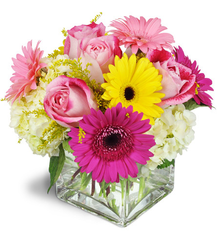 Strawberry Bliss™. An arrangement by Avenue Flowers and Gifts. Gerbera daisies, roses, and hydrangea are arranged in a modern clear glass vase..