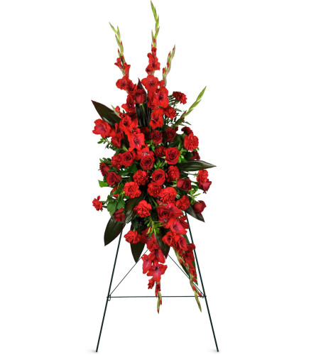 Always Remembered Sympathy Spray™. An arrangement by Avenue Flowers and Gifts. Large red roses, red carnations, red gladiolus, and dark green...