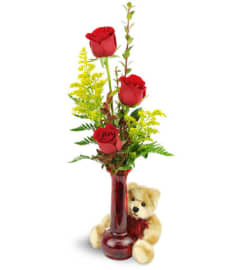 Rose Trio™ with Plush Bear. An arrangement by Avenue Flowers and Gifts.