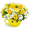 Full of Smiles - Premium. An arrangement by Avenue Flowers and Gifts. Yellow carnations, white daisies, and solidago are arranged in a smiley-face...