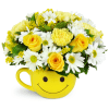 Full of Smiles - Deluxe. An arrangement by Avenue Flowers and Gifts. Yellow carnations, white daisies, and solidago are arranged in a smiley-face...