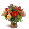 Energetic Orange™ - Standard. An arrangement by Avenue Flowers and Gifts. Unique pincushion protea are arranged with orange spray roses, mini...